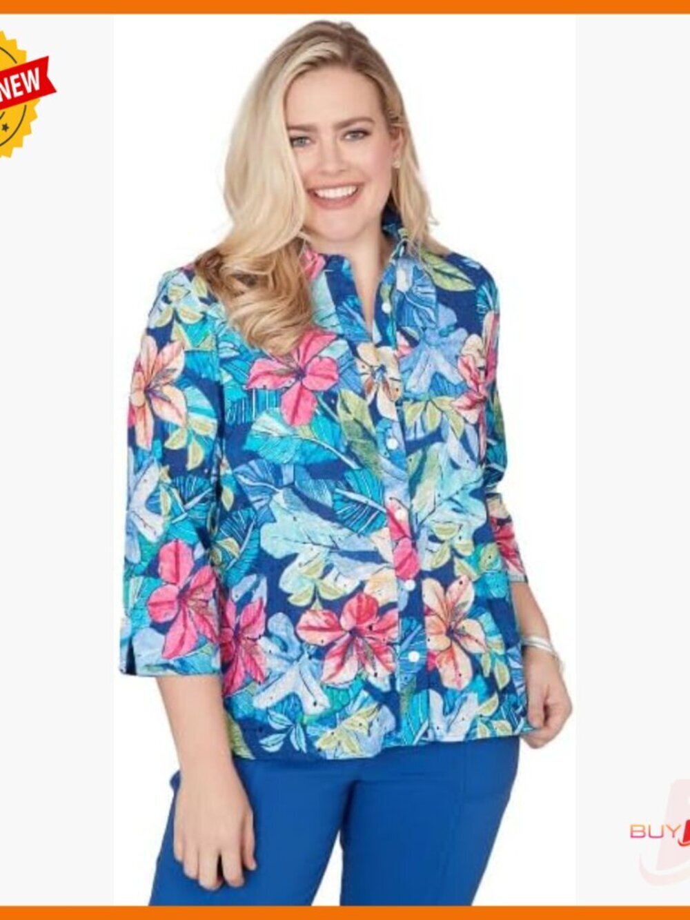 Floral Cotton Button Down Blouse with Eyelet Detail 3/4 Sleeve